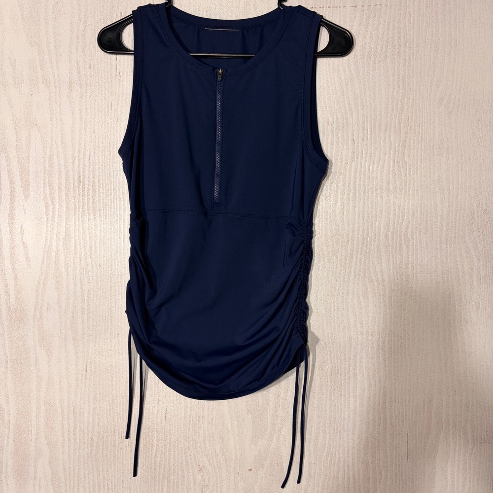 Athleta Tank Top Womens Small Navy Blue Ruched Zip Up Sporty 517769